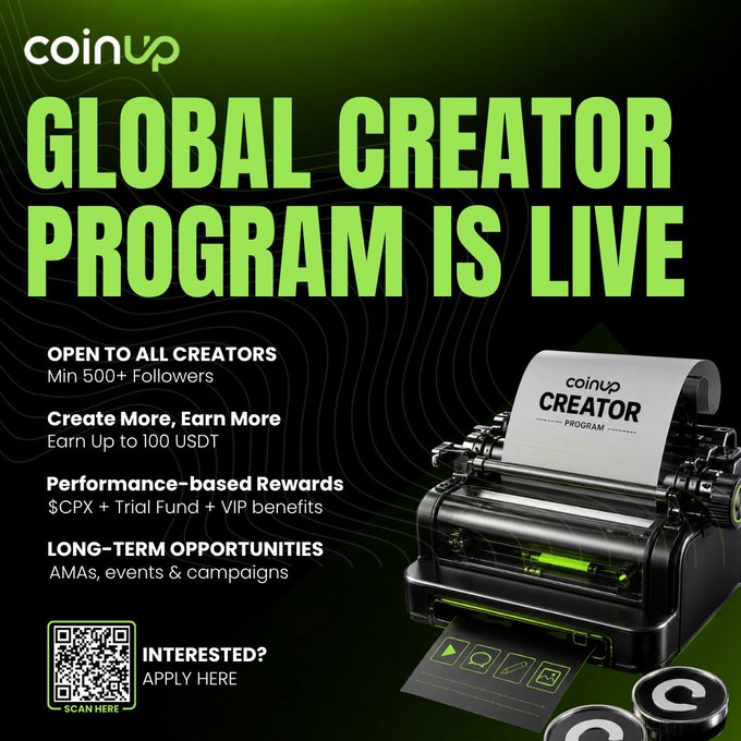 CoinUp Global Creator Program is now open to all crypto and Web3 creators worldwide with 500+ followers, offering up to 100 USDT in rewards, $CPX plus trial funds and VIP benefits, and long-term opportunities through AMAs, events, and campaigns. The image features a “coinup GLOBAL CREATOR PROGRAM IS LIVE” announcement and a QR code to apply.