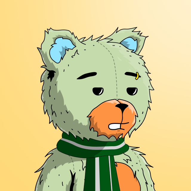 A cartoon illustration of a green teddy bear with light blue inner ears, a stitched orange muzzle, a yellow eye stud, and a green scarf with white stripes, set against a yellow background. The bear represents one of the limited 222 "Robin Tedies" NFT collectibles being minted live on OpenSea.