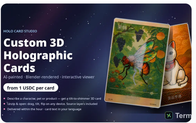An advertisement for 'HOLO CARD STUDIO' offering 'Custom 3D Holographic Cards' from 1 USDC per card, showcasing example cards featuring a winged insect and a cat.