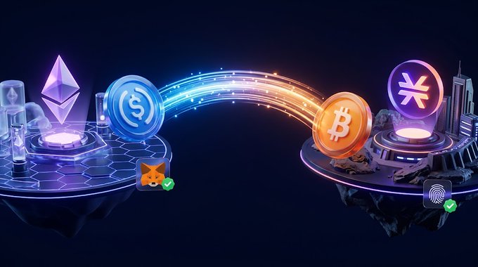 A futuristic digital illustration showing a glowing bridge connecting cryptocurrency platforms, featuring Ethereum, USDC, Bitcoin, and Stellar (XLM) logos on floating islands with verification checkmarks.
