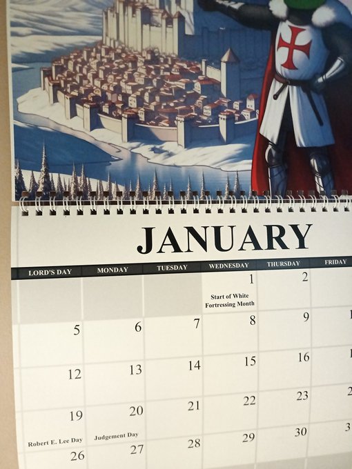 A January calendar with a medieval illustration at the top showing a fortified city and a knight in armor with a red cross on his tabard; notable dates include 'Start of White Fortressing Month' on the 1st, 'Robert E. Lee Day' on the 19th, and 'Judgement Day' on the 27th.