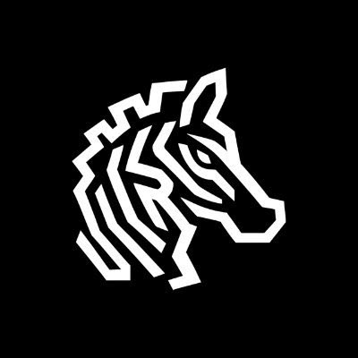 A minimalist white and black geometric logo of a stylized lion or wolf head on a black background.