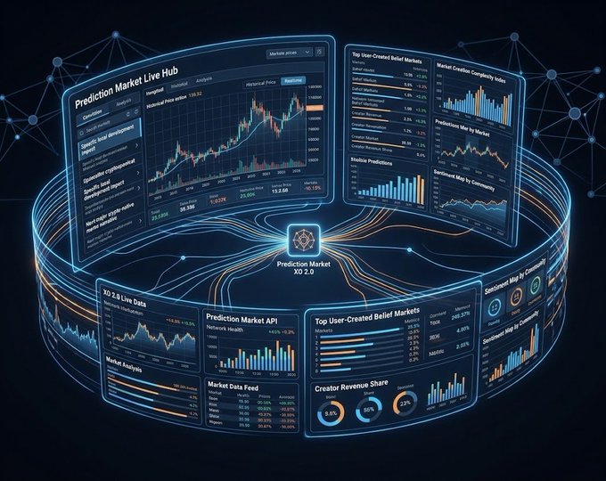 A futuristic dashboard display titled 'Prediction Market Live Hub' showing various charts, graphs, and data visualizations for prediction markets and belief markets.