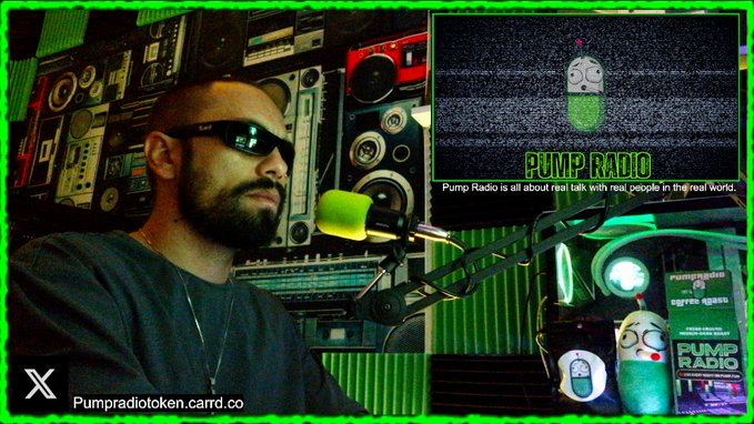 A bearded man in sunglasses sits before a microphone with a wall of vintage boomboxes behind him, while "PUMP RADIO" branding and the URL "Pumpradiotoken.cardr.co" appear on screen—promoting his live Pump Radio broadcast alongside his PumpFun contract address "EbMmkZk7c7hQWECJMJpQBbi8tyRrP7dgxE8vhKa9pump."