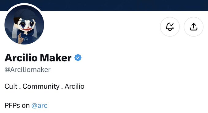 A Twitter/X profile page for 'Arcilio Maker' (@Arciliomaker) with the bio 'Cult . Community . Arcilio' and 'PFPs on @arc'.