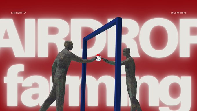The image features a poster for an article about Airdrop farming, which has been made into a 3D rendering of two men standing next to each other holding up a blue frame with a white border that says "Airdrop Farming". The poster also includes text that reads "Linedato" and "lineno mochi", possibly indicating the source or creator of the image.