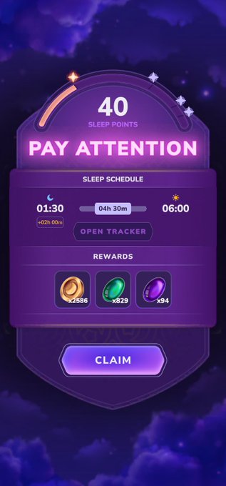 A purple game-style notification screen displays "40 SLEEP POINTS - PAY ATTENTION" with a sleep schedule showing 01:30 to 06:00 (4h 30m), rewards of gold, a green gem/feather, and a purple orb, and a "CLAIM" button. The screen reflects the Sleepagotchi app's warning of a low sleep score (40) following a late night watching Real Madrid vs CD Leganes, tracking the pattern rather than rewarding a single recovery night.