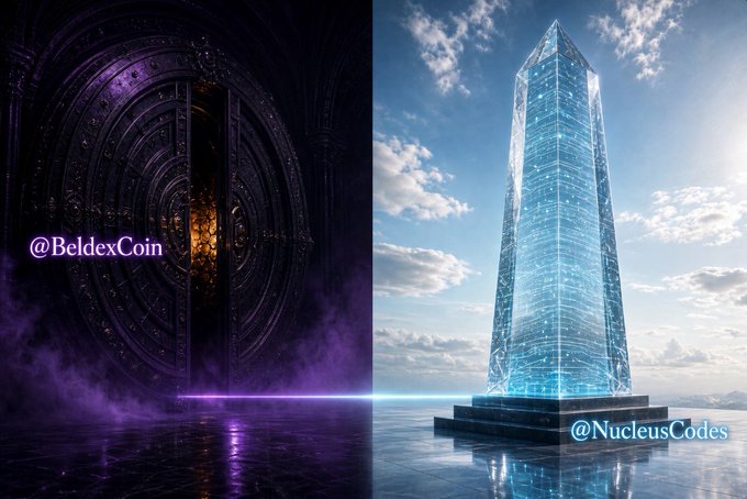 A split image shows a dark ornate door with '@BeldexCoin' on the left and a tall glass obelisk on a pedestal with '@NucleusCodes' on the right.