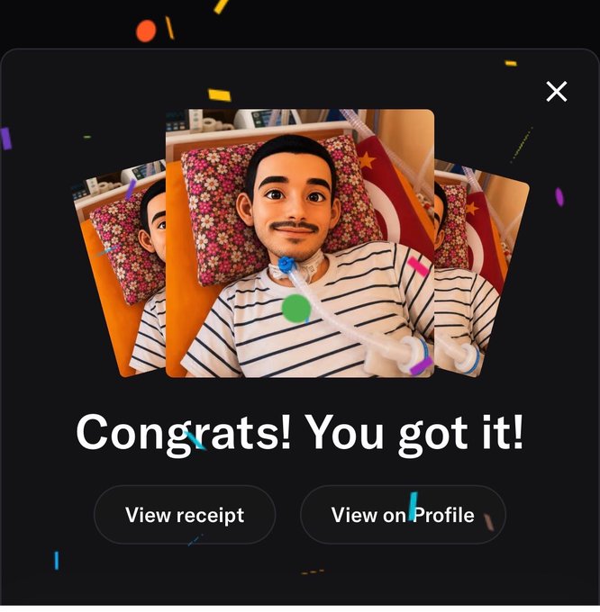 A screenshot displays a celebratory "Congrats! You got it!" message with confetti effects, featuring a personalized Bitmoji avatar lying in bed with an oxygen tube and striped shirt, alongside buttons to "View receipt" and "View on Profile."

The post "My friends, let's support" suggests the creator is sharing a gift or donation receipt to encourage their followers to contribute to a cause, possibly related to illness or medical support as hinted by the avatar's hospital-like setting.
