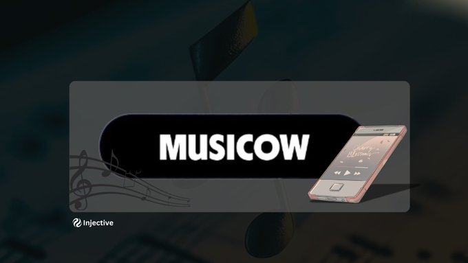 The image features a cell phone with an app icon that says "musicow" written in black letters. The background of the image is dark blue, which contrasts with the light brown color of the cell phone. There are also two flags visible in the image - one on top and another below it.