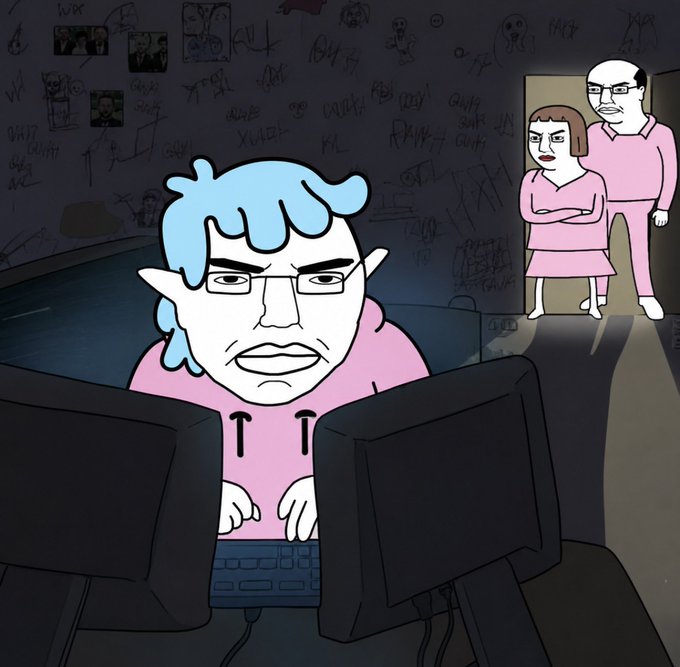 A digital illustration shows a blue-haired person in a pink hoodie intensely focused on a dual-monitor computer setup in a graffiti-covered room, while two other figures in pink watch from a doorway.