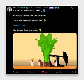 A tweet from @TheSaudisNFT displays a pixel-art image of three characters watching a green slime burst from a machine, announcing the expansion of The Saudis (5,555 collection on Ethereum) to Robinhood Chain with the link thesaudis.cash highlighted for early access. The post has 8K reposts and 2.3K likes, aligning with the shared alpha about The Saudis NFT moving to Robinhood.