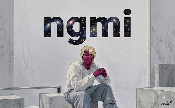 Cover art showing a blonde character with purple skin sitting in white clothing, with the 'ngmi' logo filled with a galaxy pattern and 'verdict' branding.