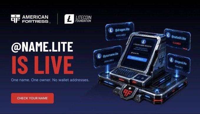 Promotional graphic for American Fortress and Litecoin Foundation launching @NAME.LITE domain service, displaying a futuristic terminal with example handles like @dragon.lite and @satoshi.lite.