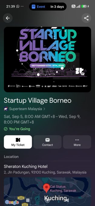 A mobile event page for 'Startup Village Borneo' taking place September 5-9, 2026, hosted by Suprteam Malaysia at the Sheraton Kuching Hotel, with the user marked as 'You're Going'.