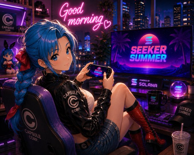 An anime-style illustration depicts a blue-haired girl playing a handheld gaming device in a neon-lit cyberpunk room, with a 'Good morning' sign and a monitor displaying 'Seeker Summer' powered by Solana.