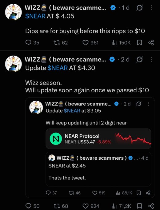 A Twitter thread by WIZZ (beware scammers) showing progressive $NEAR price updates at $2.45, $3.05, $4.30, and $4.05, with predictions of a rally to $10. The $4.70 update mentioned in the post continues this bullish price progression for NEAR Protocol.