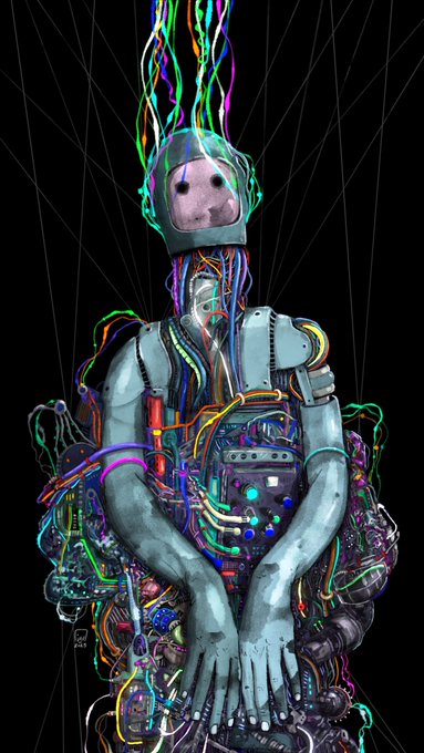A surreal digital artwork depicting a figure in a metallic suit with a featureless mask, adorned with vibrant multicolored wires and rainbow streams emanating from the head.