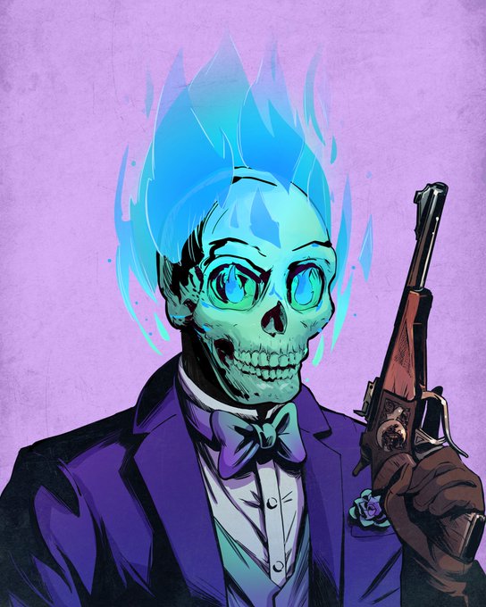 A stylized illustration of a green skull wearing a purple tuxedo jacket with a blue bowtie, featuring bright blue flame-like hair, glowing blue eyes, and holding a revolver against a purple background.