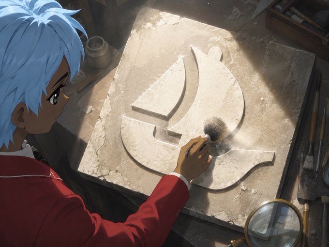 Anime-style illustration of a light blue-haired character in a red outfit brushing dust off a carved stone symbol on a workshop table.