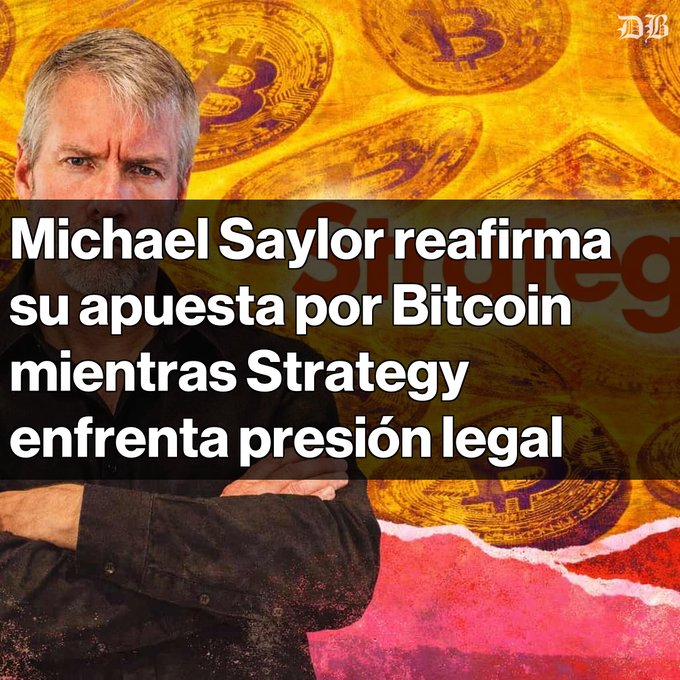 **Caption:** The image shows Michael Saylor with crossed arms against a background of Bitcoin coins and a Bitcoin price chart, with the headline in Spanish: *"Michael Saylor reaffirma su apuesta por Bitcoin mientras Strategy enfrenta presión legal"* (Michael Saylor reaffirms his bet on Bitcoin while Strategy faces legal pressure).

**Relation to the post:** The image visually introduces Michael Saylor and frames the context of the accompanying text, which details Strategy's massive Bitcoin holdings (847,363 BTC, over 4% of total supply) acquired at an average cost of $75,500, while highlighting the financial pressure from $1.2 billion in annual dividends and ongoing legal challenges.