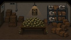 A pixel-art style illustration of a dimly lit storage room with wooden crates, a table piled with green items, and shelves holding bags.