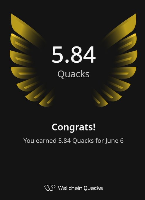 The image features a poster or card that displays an achievement for someone who has earned 5.84 Quacks. The poster also includes a congratulatory message at the bottom of the image, acknowledging the person's accomplishment. The text "Good afternoon @useTria Just earned 5.84 Quacks on @wallchain in one day Turning insights into rewards and climbing the leaderboard with @sleepagotchi Another day, another step forward consistency is the secret sauce". This message congratulates the individual for their achievement of earning 5.84 Quacks within a single day, highlighting their progress and dedication to their goal.
