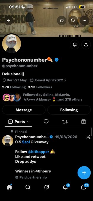 A social media profile for 'Psychonumber' (@psychononumber) with 2.7K following and 3.9K followers displays a pinned post about a '$sol Giveaway' with 0.5 to win.