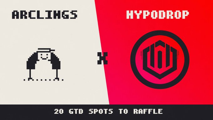 Promotional graphic featuring a pixelated character in a flat cap alongside the text 'ARCLINKS x HYPODROP', with '20 GTD SPOTS TO RAFFLE' displayed at the bottom.