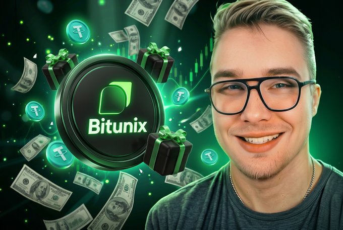 The image features a man wearing glasses and smiling, with a green background that includes various coins scattered around him. The main focus of the image is a logo for Bitunix, which is a cryptocurrency exchange platform. The man appears to be promoting or celebrating Bitunix in some way, possibly by offering a reward or bonus related to the exchange.