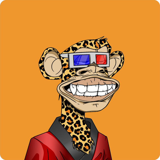 A cartoon leopard-print ape wearing red-and-blue 3D glasses and a red jacket grins widely against an orange background, matching Bored Ape Yacht Club #7360, which was purchased for 14 ETH.