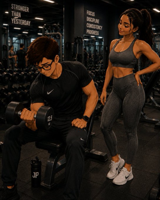An illustrated gym scene featuring a man lifting a 12.5 kg dumbbell on a bench beside a woman in gray workout attire, with motivational text 'STRONGER THAN YESTERDAY' and 'FOCUS DISCIPLINE CONSISTENCY PROGRESS' on the walls.