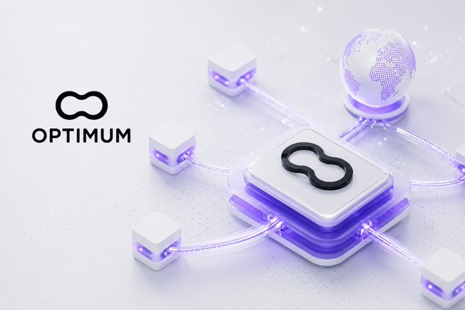 A 3D digital rendering featuring the 'OPTIMUM' logo next to a stylized infinity symbol on a futuristic white and purple background, with interconnected cubes and a globe representing a network.
