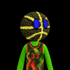 A small digital illustration of a cartoon figure with a black and yellow patterned head featuring bright blue eyes, wearing a green shirt and a colorful basketball jersey with the number 33, set against a black background.