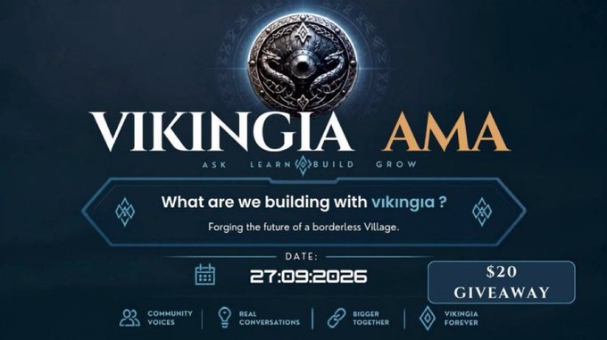 A promotional banner for a 'VIKINGIA AMA' event dated 27.09.2026 with the tagline 'Forging the future of a borderless Village' and a $20 giveaway offer.