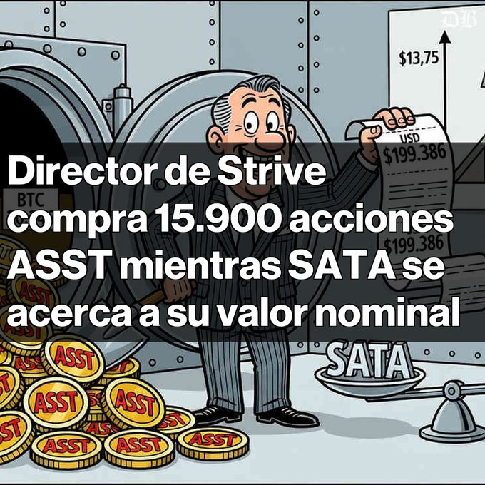 An illustration shows a man in a suit holding a receipt next to gold coins labeled 'ASST' and a scale weighing 'SATA', with overlaid Spanish text stating 'Director de Strive compra 15.900 acciones ASST mientras SATA se acerca a su valor nominal'.