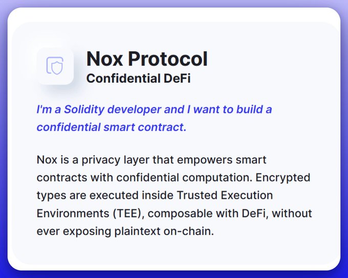 A description card for 'Nox Protocol', a Confidential DeFi project, stating: 'I'm a Solidity developer and I want to build a confidential smart contract.' and explaining its use of Trusted Execution Environments (TEE).