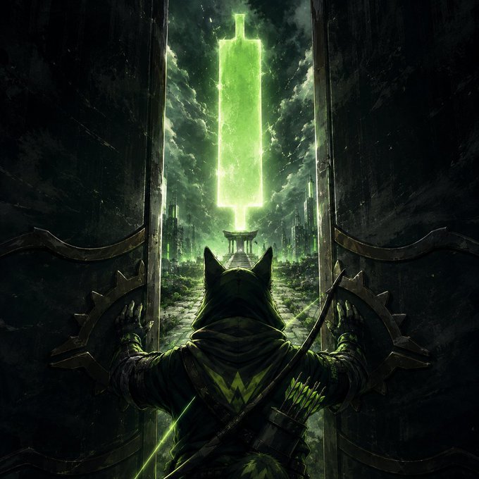 A hooded archer stands before massive open gates, gazing out at a glowing green sword-shaped portal that radiates light through a misty, otherworldly landscape—symbolizing a breakthrough milestone for the Shibinhood project as it surpasses 5,000 holders and crosses the $3.05M market cap.