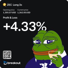An investment card displays 'ZEC Long 3x' with a profit and loss of '+4.33%', opening price 1,305.07 USD and current price 1,362.05 USD, featuring the Pepe the Frog meme character.