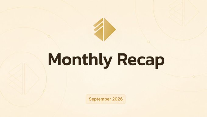 A clean beige-toned graphic titled "Monthly Recap" for September 2026, featuring a geometric gold logo in the center.