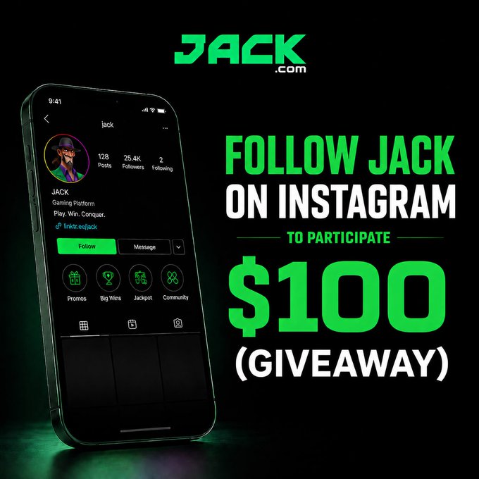 The image depicts a cell phone with an advertisement for a Jack.com game. The phone is displayed against a black background, making its colors pop. Below the phone, there's an invitation to participate in a gaming event where you can win $100! You will need to follow a specific account profile or "friend" to be able to claim your prize.
