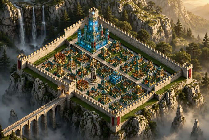 An isometric fantasy illustration of a walled medieval city with blue-roofed buildings, situated on cliffs near waterfalls.