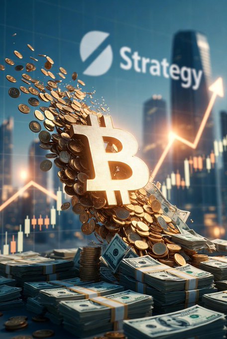 A large golden Bitcoin "B" symbol bursts from stacks of US dollar bills and scattered coins, with the "Strategy" logo prominently displayed at the top against a city skyline backdrop featuring candlestick charts and an upward arrow. The image visually represents Strategy (formerly MicroStrategy) selling 1,637 BTC to boost USD reserves by $250 million, symbolizing the bullish momentum and liquidity gain from their Bitcoin divestment.