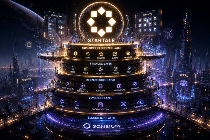 A futuristic layered infographic of the STARTALE ecosystem built on the Soneium blockchain, displaying Consumer Experience, Financial, Infrastructure, Developer, and Blockchain layers.