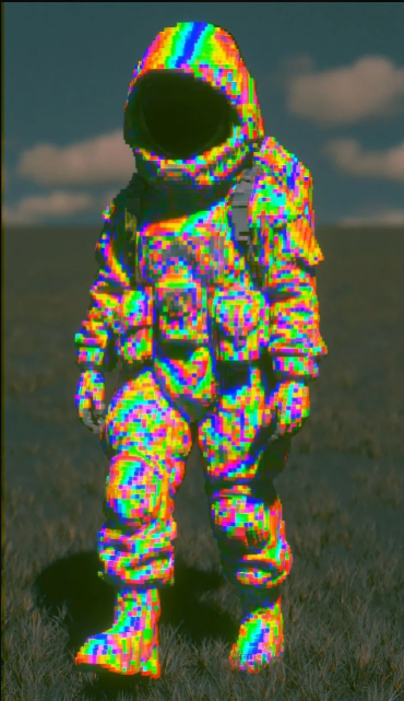 An astronaut figure stands in a field under a cloudy sky, its suit covered in a vivid rainbow glitch pattern.