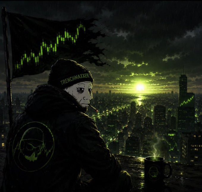 A digital illustration of a figure wearing a "TRENCHMAXXER" beanie and hoodie, smoking a cigarette while overlooking a green-tinted nighttime cityscape with a flag displaying a stock chart pattern.