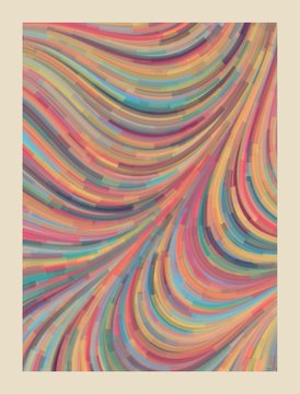 An abstract artwork featuring curving, multi-colored stripes in pastel shades of pink, blue, yellow, and gray that flow in a wave-like pattern.