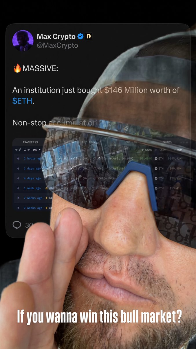 A man wearing sunglasses overlaid with digital/lens reflection effects appears behind a tweet from Max Crypto (@MaxCrypto) announcing a $146 Million institutional purchase of $ETH, with the caption "If you wanna win this bull market?" — visually tying together the tweet's bullish ETH news and the post's commentary about everyone suddenly wanting to talk about ETH and Robinhood.