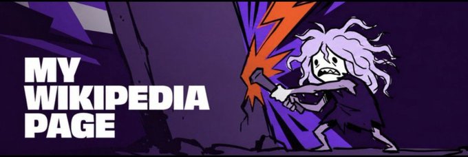 A dark, cartoon-style banner with the bold white text "MY WIKIPEDIA PAGE" on the left and an illustration of a fierce, pale character with wild hair and a tattered dress aggressively throwing a glowing lightning bolt on the right, mirroring the post's humorous self-introduction of a crypto writer whose identity is in flux.

"Spike" is written in Bangla script ("স্পাইক") in the bottom-left corner of the image.
