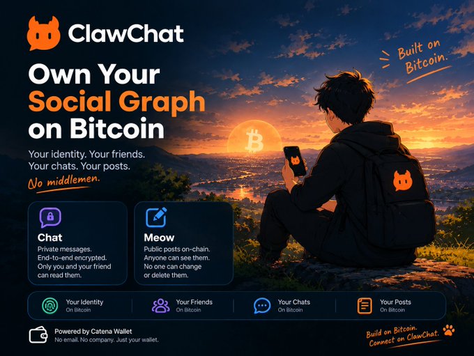 ClawChat promotional graphic reading “Own Your Social Graph on Bitcoin” and “Built on Bitcoin,” with a sunset city view, Bitcoin symbol, and feature cards for encrypted “Chat” and public on-chain “Meow” posts.